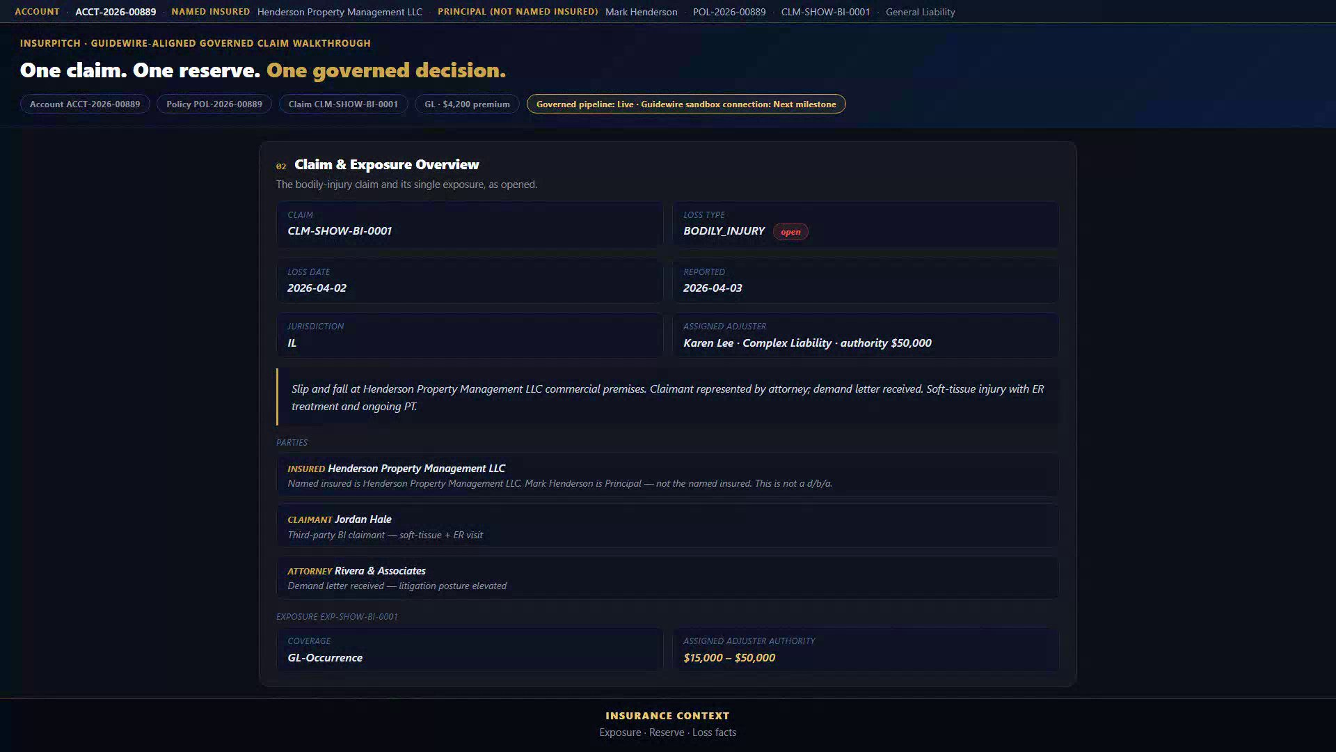 KGA ARIA Governed Claim walkthrough showing claim and exposure overview