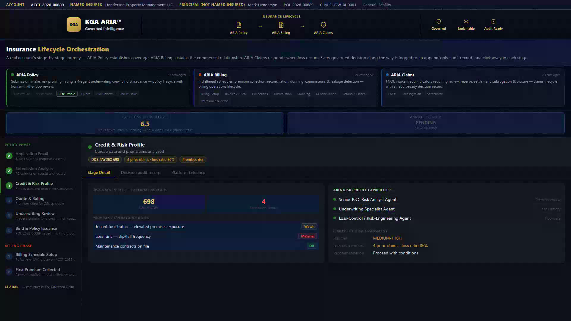 KGA ARIA Insurance Lifecycle Orchestration showing the Credit and Risk Profile stage